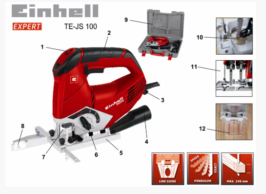 ЕЛЕКТРОЛОБЗИК EINHELL TE-JS 100 В КЕЙСІ 750 ВТ, ЕЛЕКТРИЧНИЙ РУЧНИЙ ЛОБЗИК МАЯТНИКОВИЙ З ПІДСВІЧУВАННЯМ - 1